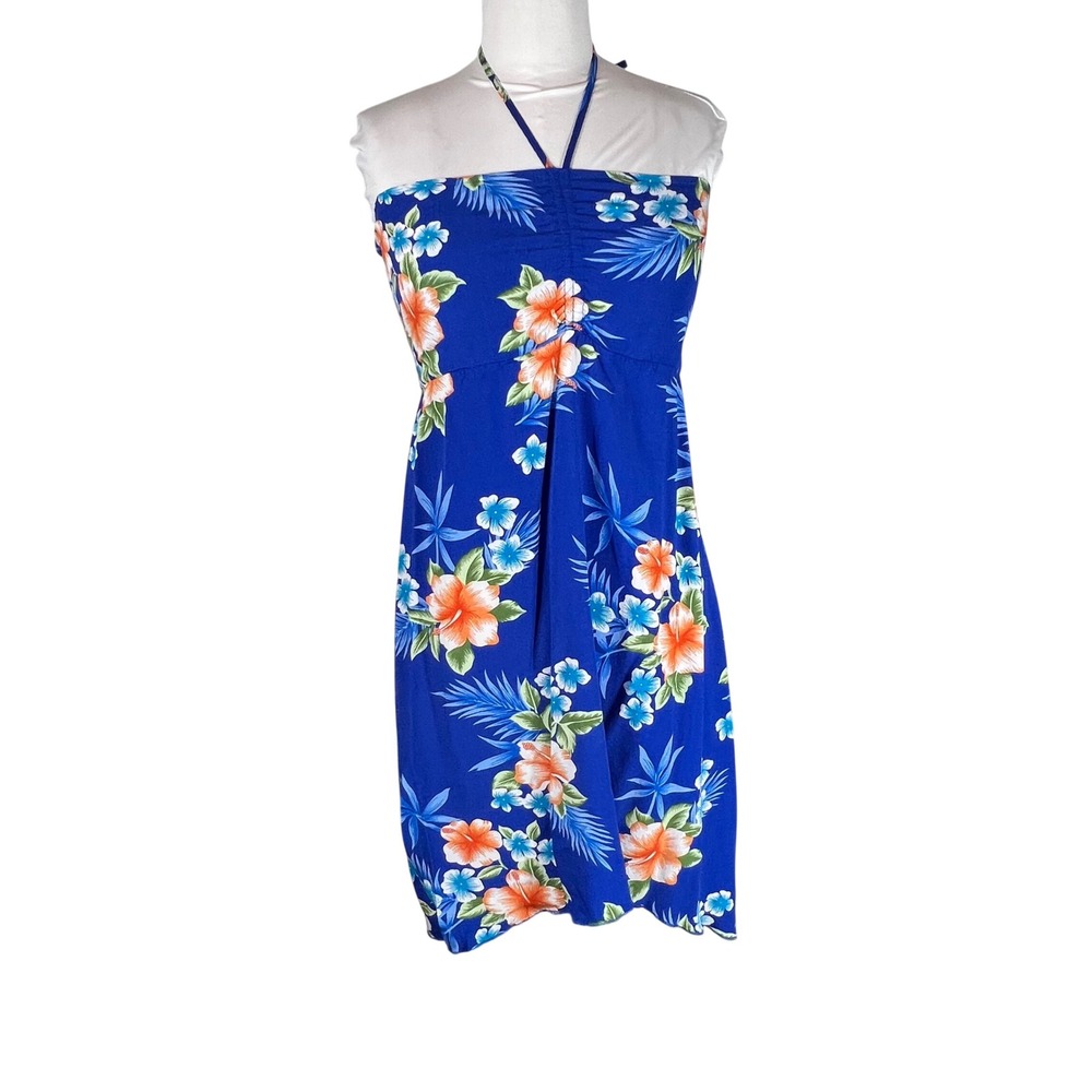 Hawaii Hangover Womens Blue‎ Tropical Hibiscus Halter Smocked Sundress Size 14